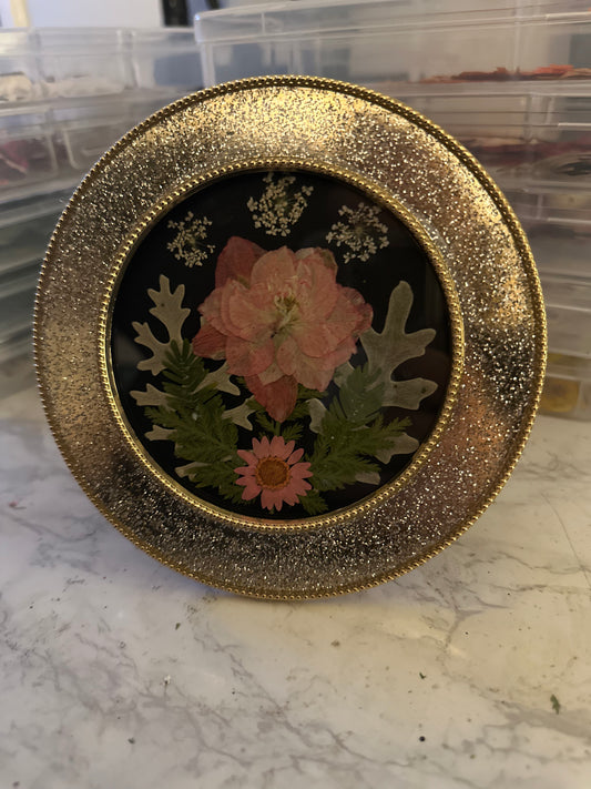 Glittery Gold Round Frame with Pink Florals