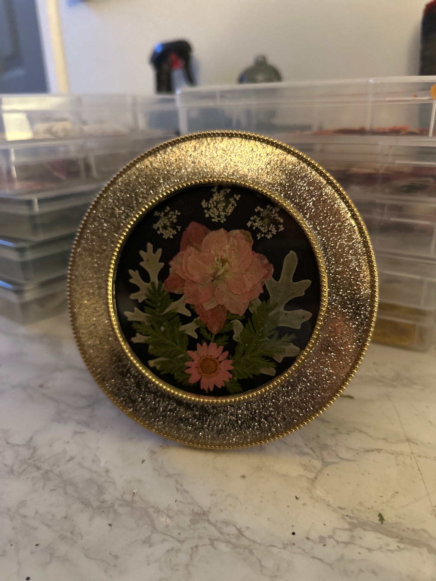 Glittery Gold Round Frame with Pink Florals