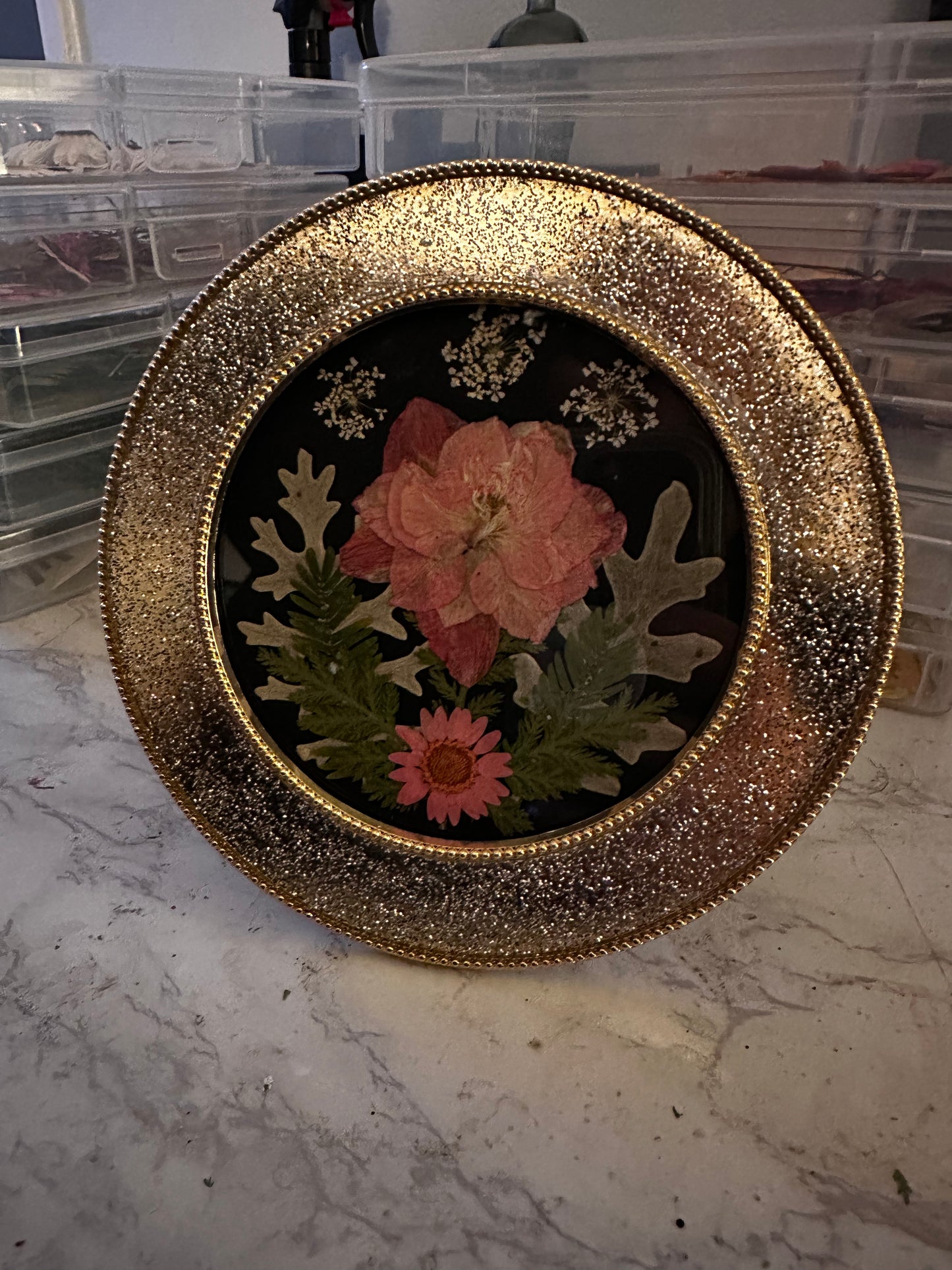 Glittery Gold Round Frame with Pink Florals