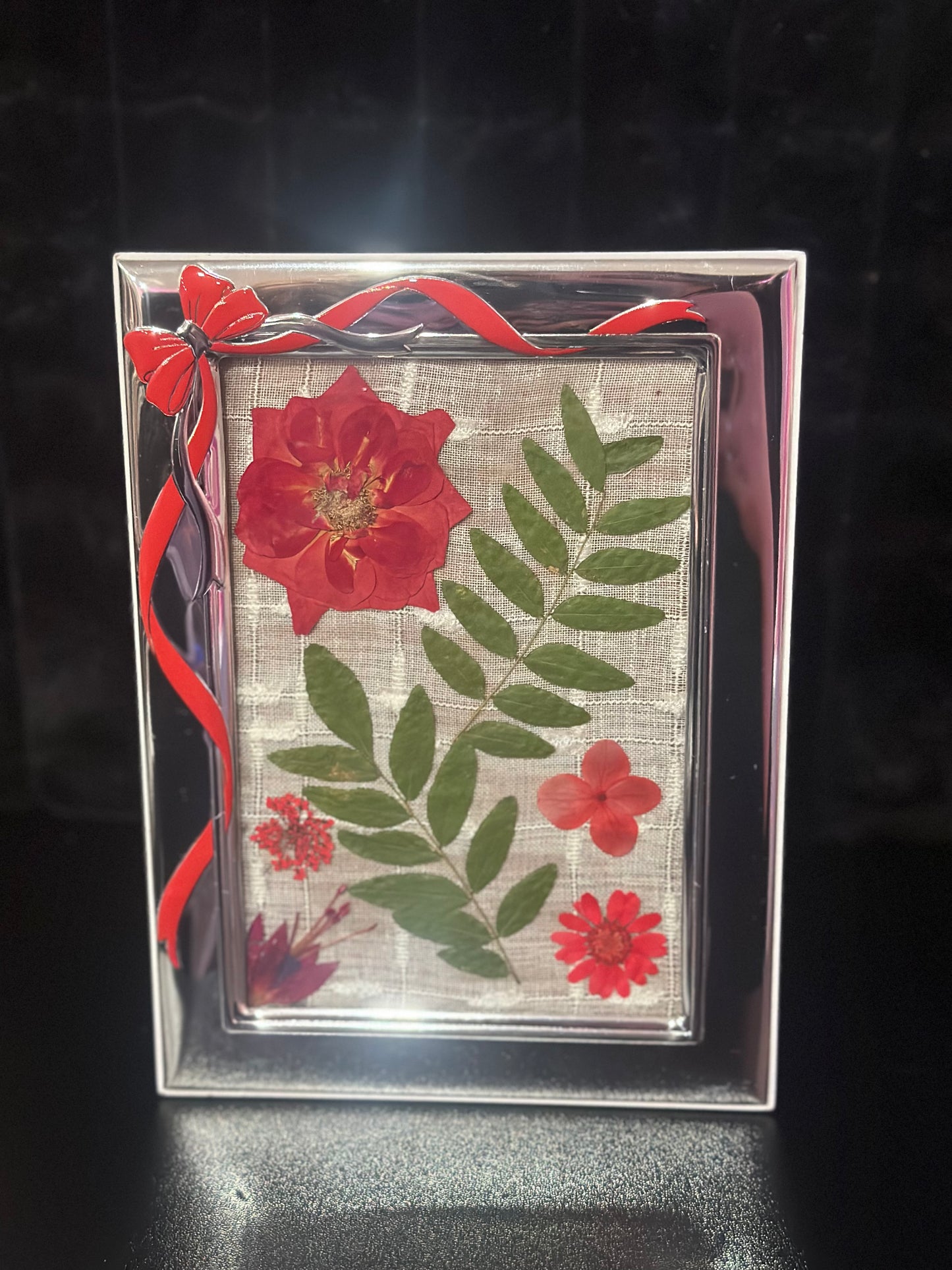 Silver Frame with Red Bow and florals *On Sale*