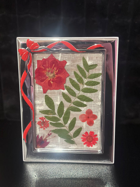 Silver Frame with Red Bow and florals *On Sale*